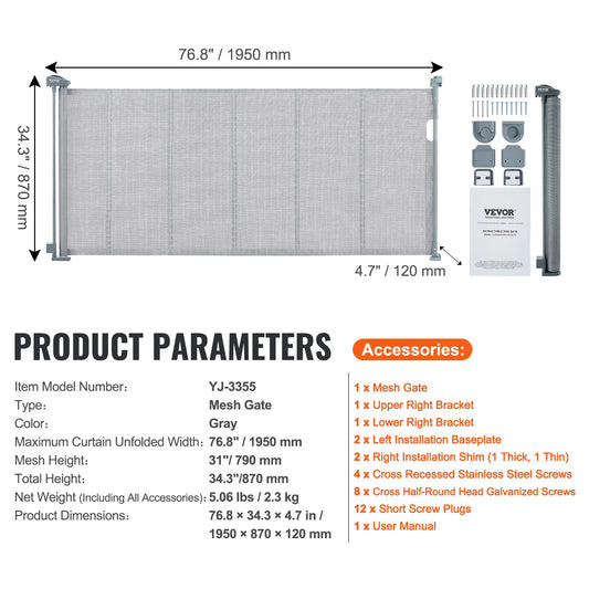 Retractable Gate-Mesh Pet Gate- Extends- Wide Retractable Gate for Kids or Pets