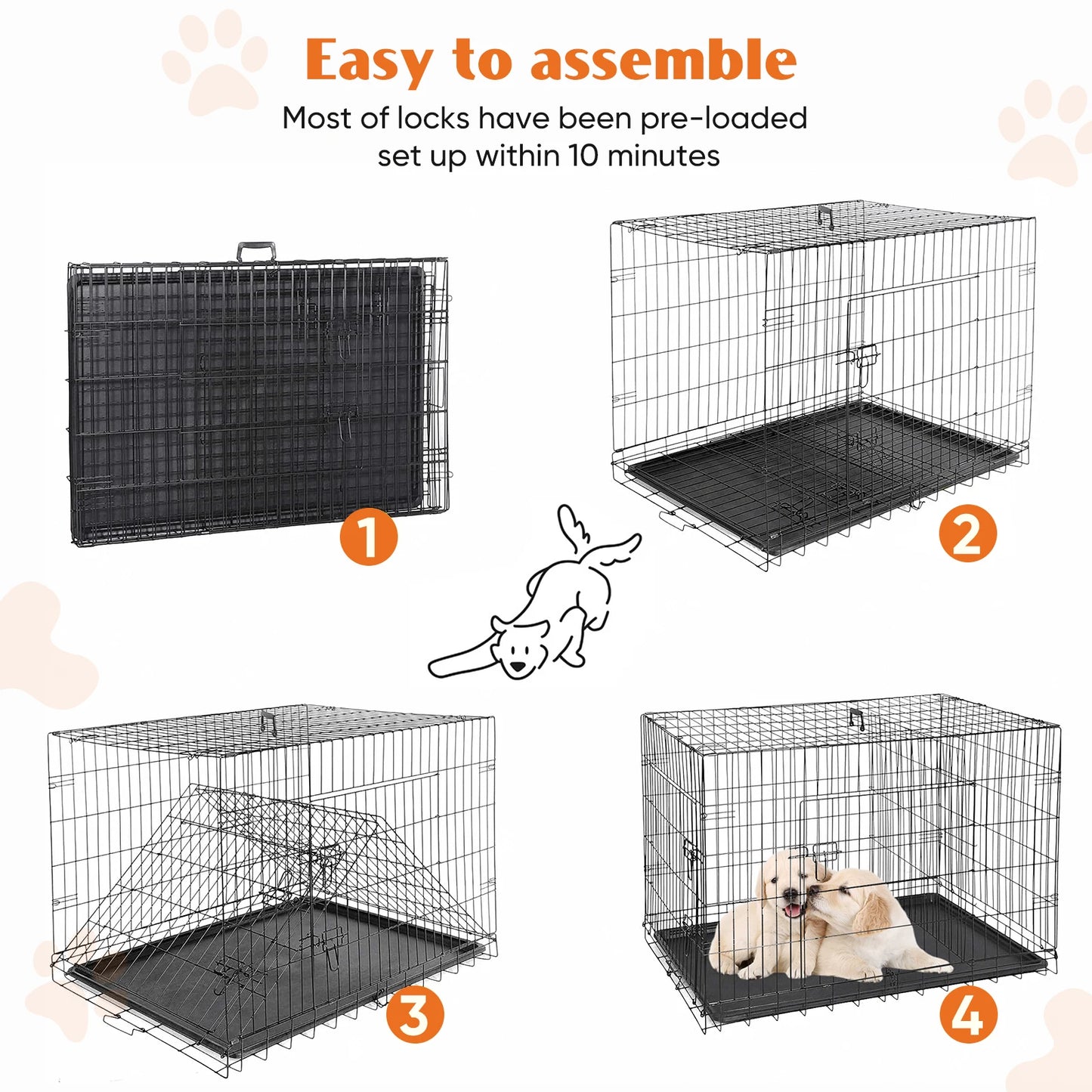 JHK Double Door Folding Metal Wire Dog Cage with Plastic Leak-Proof Pan Tray -Extra Large Pet Kennel for Indoor Outdoor Travel