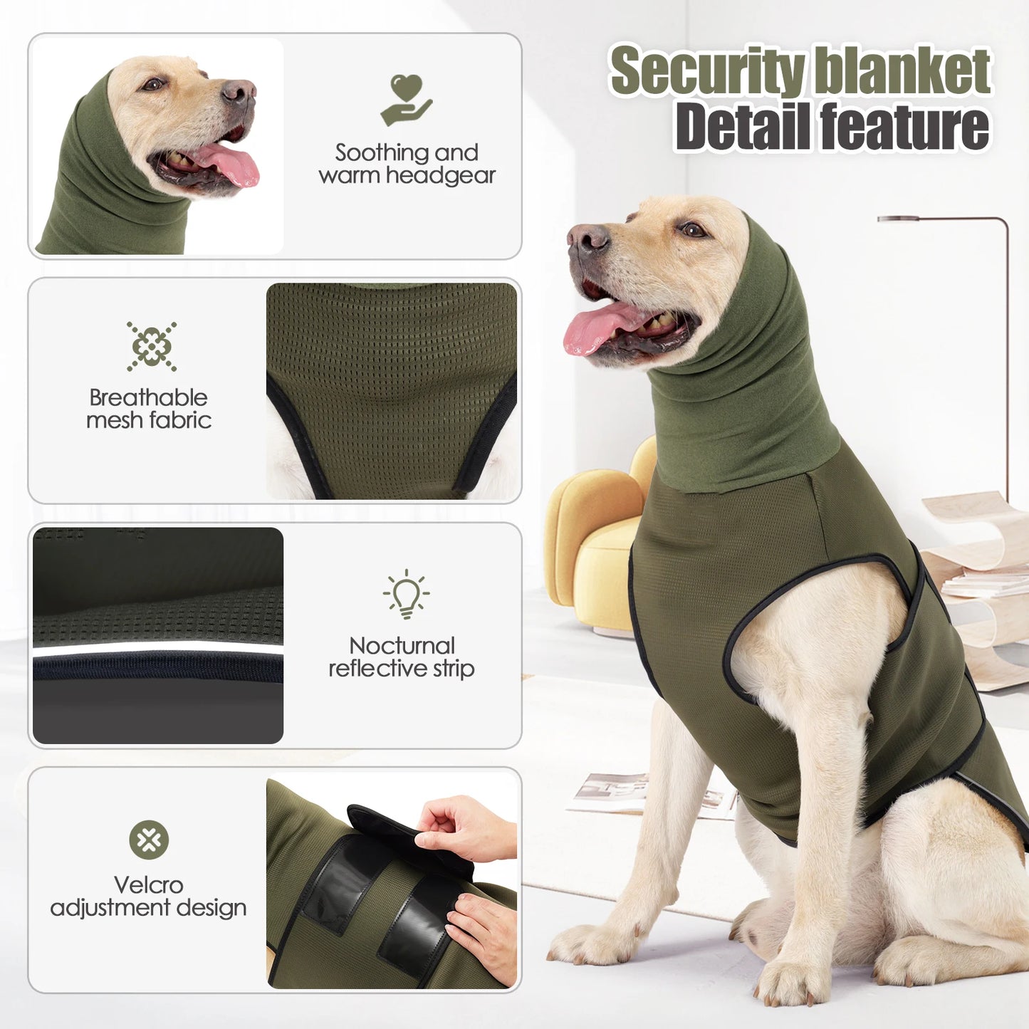 Dog Anxiety Vest and Coat-Keep- Calming Jacket for Thunder, Fireworks- Anti- Anxiety Vest- Body and Ears-Sizes XS-3XL-Costumes/Apparel