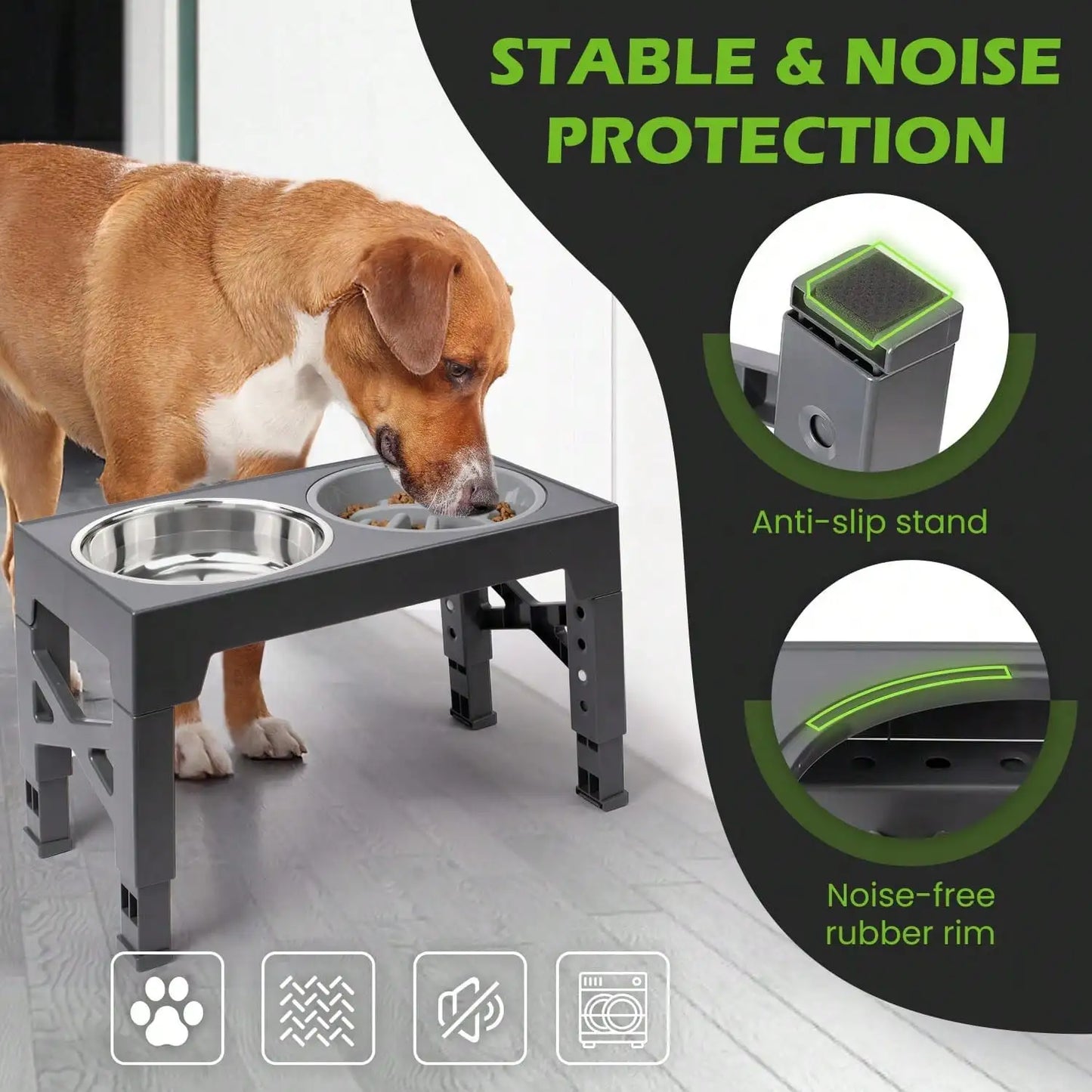 5-Height Adjustable Raised Dog Bowl Set - Includes 2 Stainless Steel Bowls- + 1 Slow Feeder- Anti-Choke Design-Suitable For All Dog Breeds- Pet Bowls/Feeding