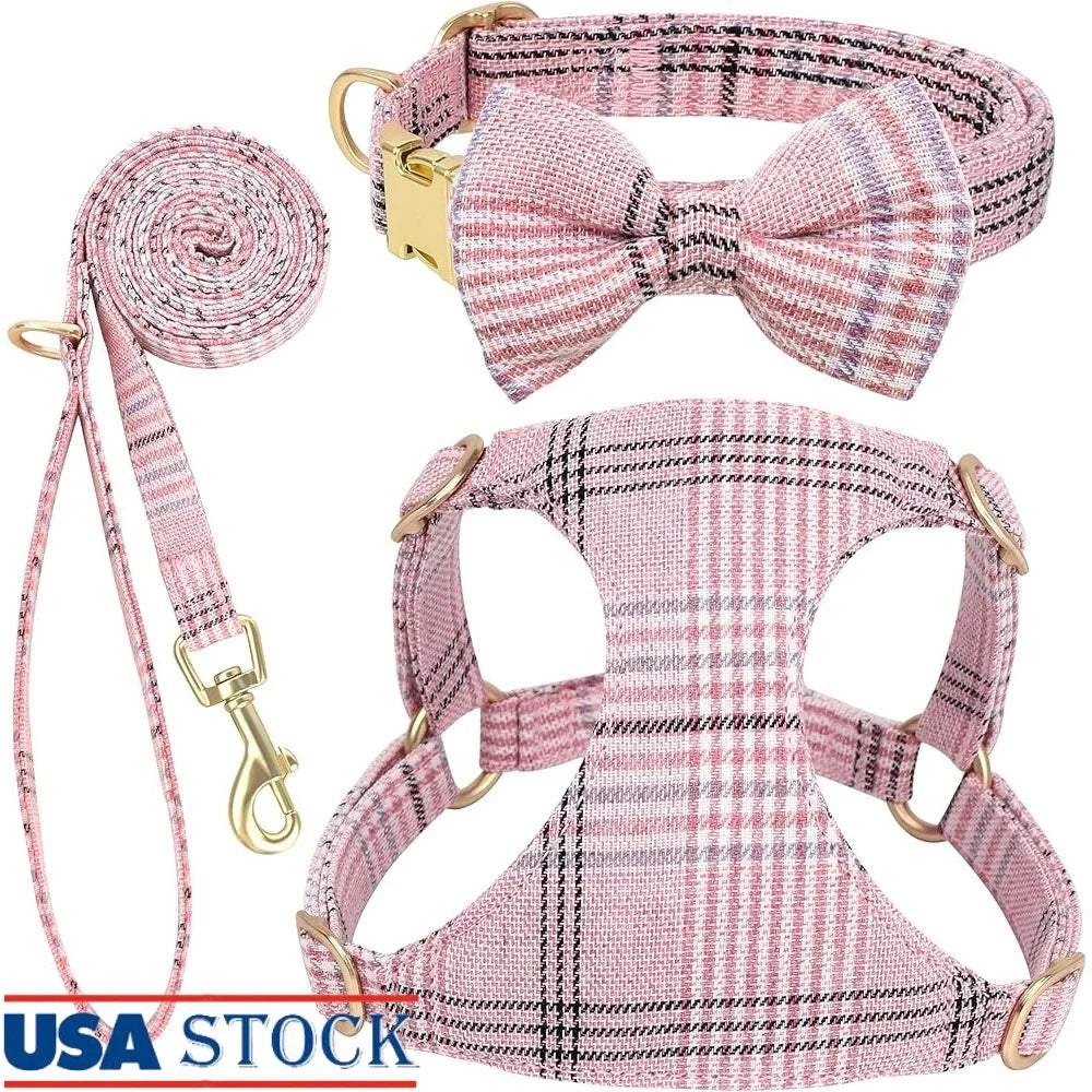 Cute Small Dog Harness Collar Leash Set Adjustable Soft Plaid Design XS Dogs Cats Perfect Walks Parties size XXS