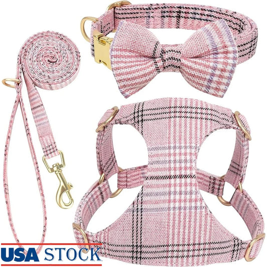 Cute Small Dog Harness Collar Leash Set Adjustable Soft Plaid Design XS Dogs Cats Perfect Walks Parties size XXS