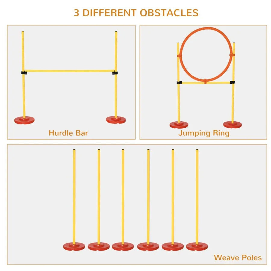 PawHut 3PCs Dog Agility Training Equipment- Outdoor Obstacle Course Starter Kit with Hoop, Hurdle, Weave Poles, and Carrying Bag