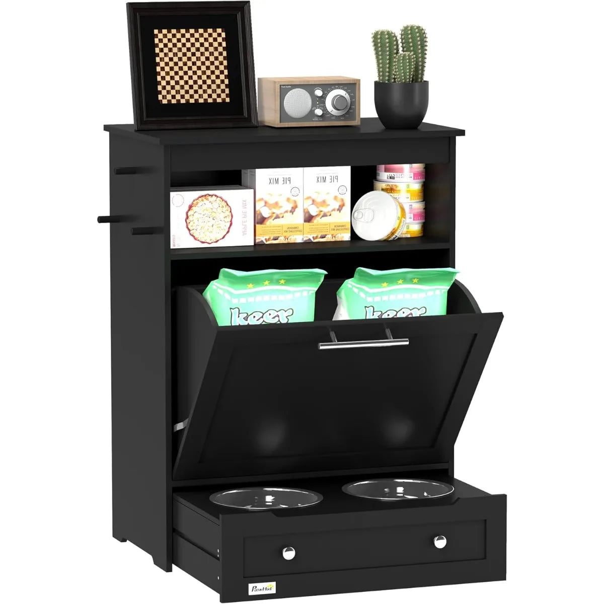 Dog Feeding Station with Raised Bowls/ Storage Cabinet- Pet Feeder Organizer with Hanger for Food & Water-Pet Bowl/Feeding