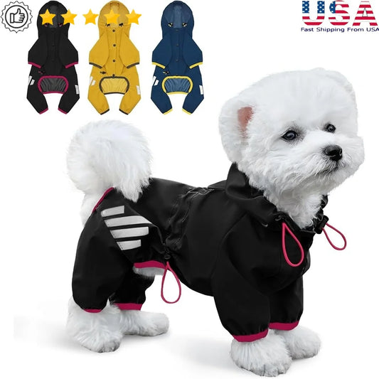 Waterproof Dog Raincoat- Lightweight- Reflective Straps with Leash- Comfortable Four-Leg Design -Small