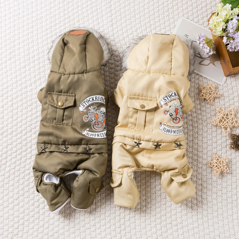 Dog  Thickness Hooded Driver Style Four Legs Cotton Winter Coat- Windproof Dog Jumpsuit- Warm Small Puppy Dogs Clothing