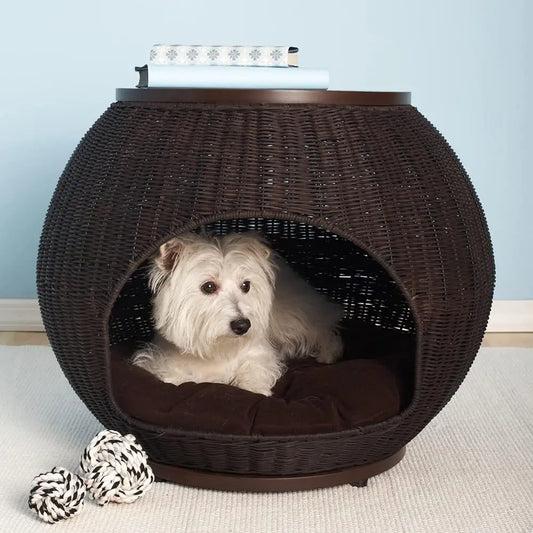 Igloo Indoor Dog Bed - In Espresso, Multipurpose Pet Bed With Table Top- Claw-Proof Faux Rattan Is Easy To Clean, Ludes