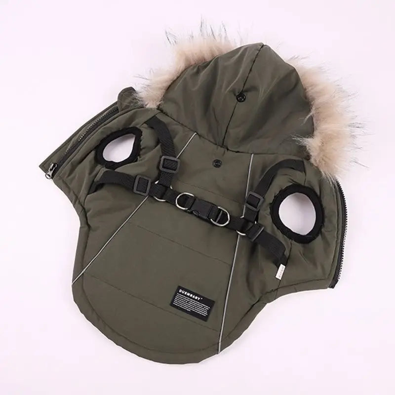 Autumn Winter Warm Pet Dog Jacket With Harness/ Hoodie- Dog Padded Coat with Imitation Fur Hat -For Small Medium Dogs Puppy Coat