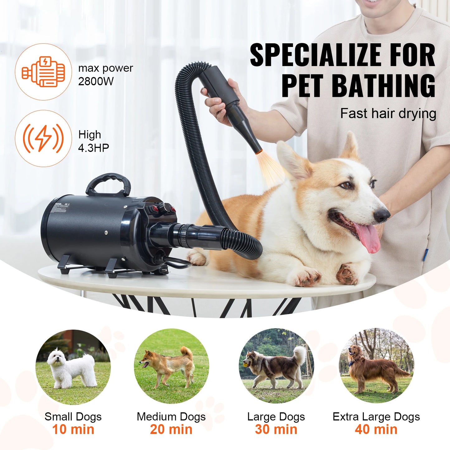 Dog Blow dryer- 2000W/2.7HP- Adjustable Speed Temperature Control with 4 Nozzle- Extendable Hose- Pet Grooming