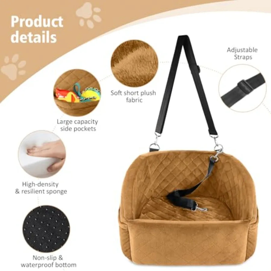 Dog Brown Car Seat- for Small Medium Dogs- Detachable- Washable-Booster Seat- Under 30lbs-Storage Pock-Pet Car Seat