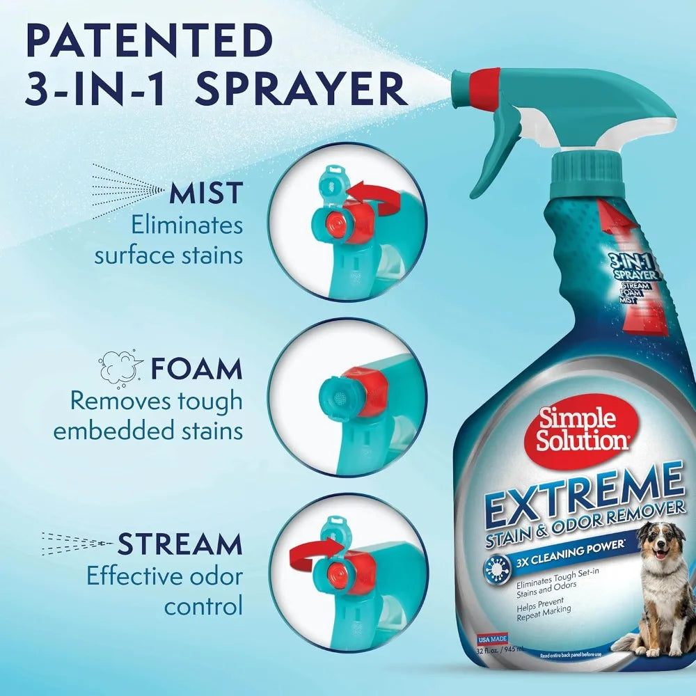 Enzymatic Pet Stain & Odor Eliminator Spray- 3X Power for Dog & Cat Urine-Poop- Vomit- 32 oz-Pet Grooming