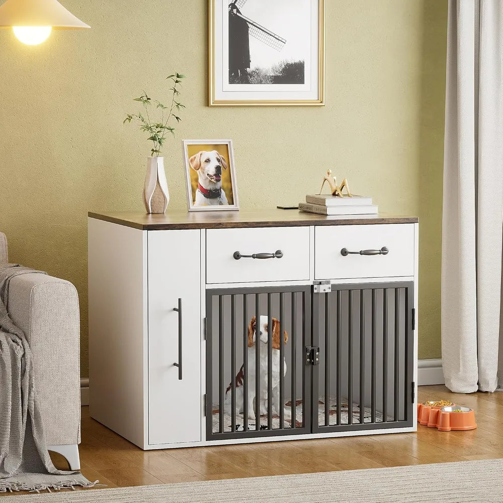 Dog Crate Furniture- 31.5 Inch Wooden Indoor Heavy Duty Dog Kennel House with Doors & USB Charger- Farmhouse Modern End