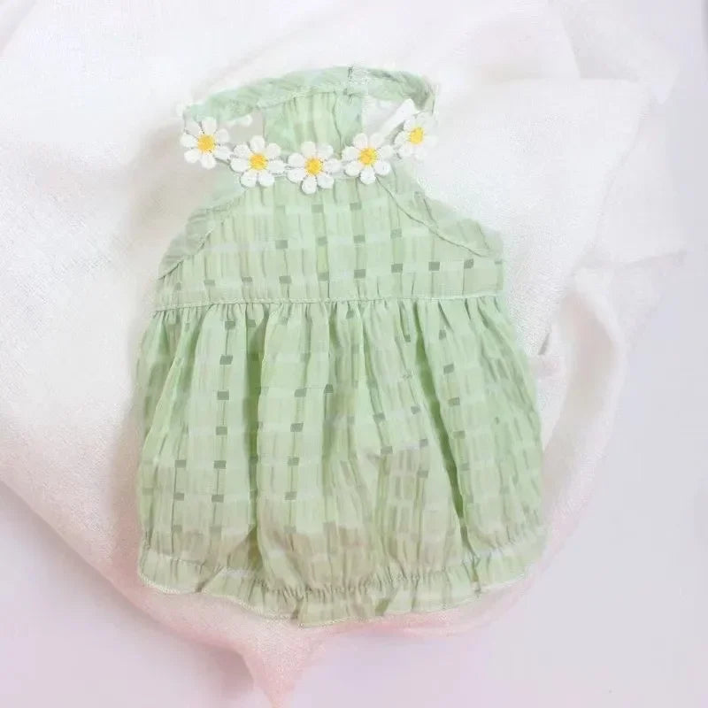 Breathable Pet Small Daisey Dress-thin Summer Dresses- Green/Yellow