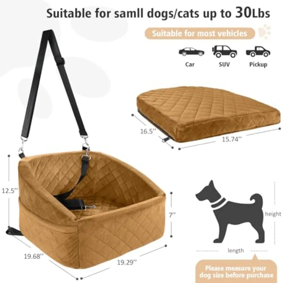 Dog Brown Car Seat- for Small Medium Dogs- Detachable- Washable-Booster Seat- Under 30lbs-Storage Pock-Pet Car Seat