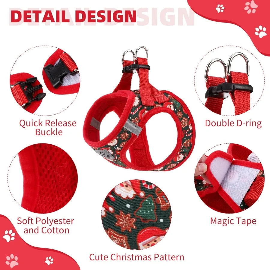 Christmas Dog Harness for Small Medium Dogs- Step-in No Pull Soft Padded Mesh- Adjustable-Reflective Pet Vest Harness Set