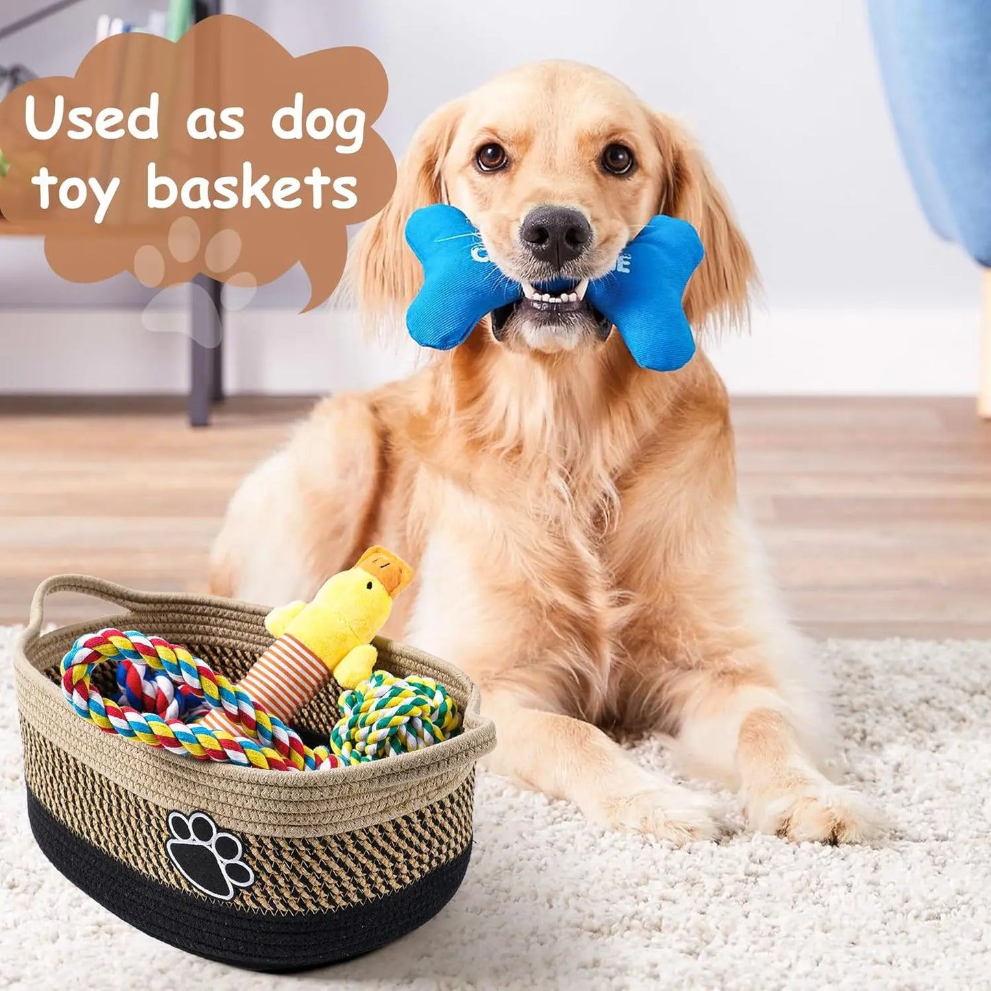 Small Woven Storage Basket with Handle for Organizing Dog Toys-Gog Toys