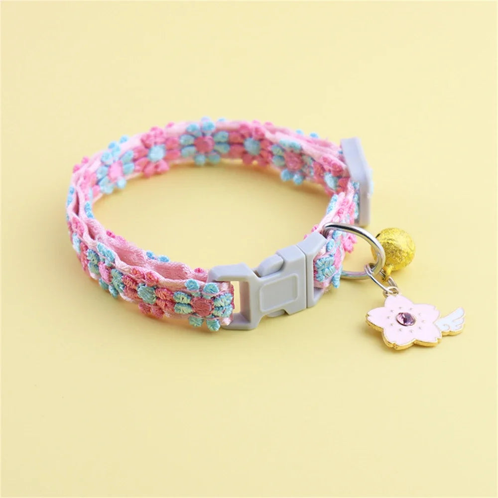 Fashion Rainbow Flower Collar With Bell- Kitten/ Puppy Necklace- Adjustable Buckle- Colorful Lace-Small dogs-Collars/Leashes