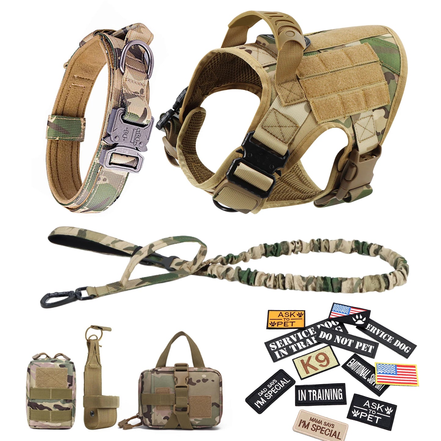 Military Dog Harness/ Collar/ Leash- Bags- Patches Set- Pet Malinois Training Vests-Sizes S to XL- Collars/Leashes