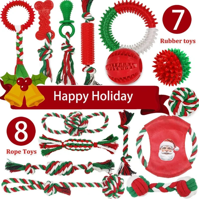 Christmas Dog Toys- Bulk 15 Pack-Puppy Chew Toys for Teething Small Medium Puppies Including Variety Tough Rubber/ Rope Toys-Dog Toys