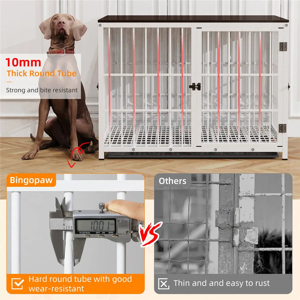 Wooden Dog Crate Furniture w/Metal Frame- Indoor Dog Kennel End Table- Stylish-3 Doors- Removable Tray-Crates