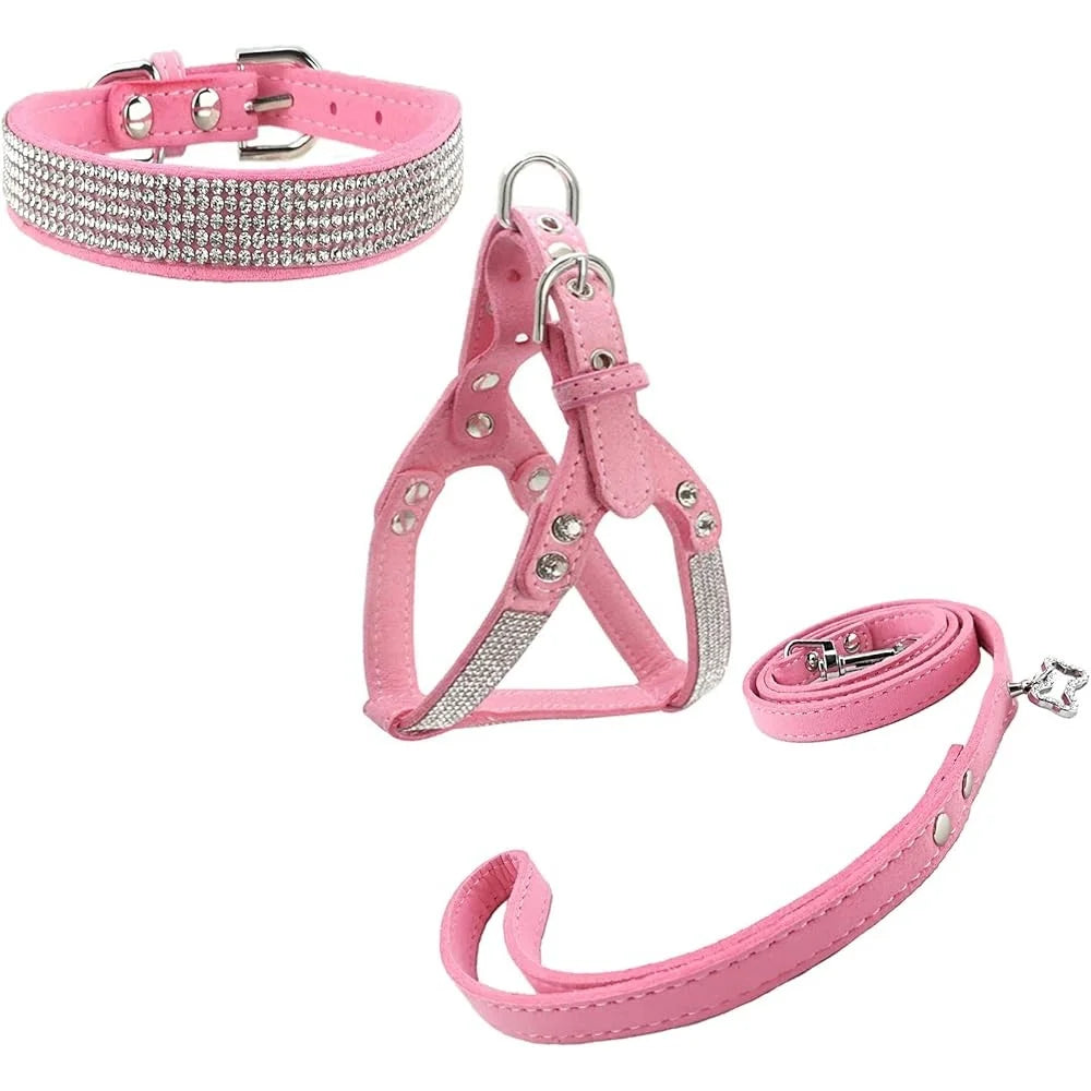 Comfortable Soft Dog Collar and Harness Set with Leash Stylish Diamond Design -Small Pets Training Outdoor Activity