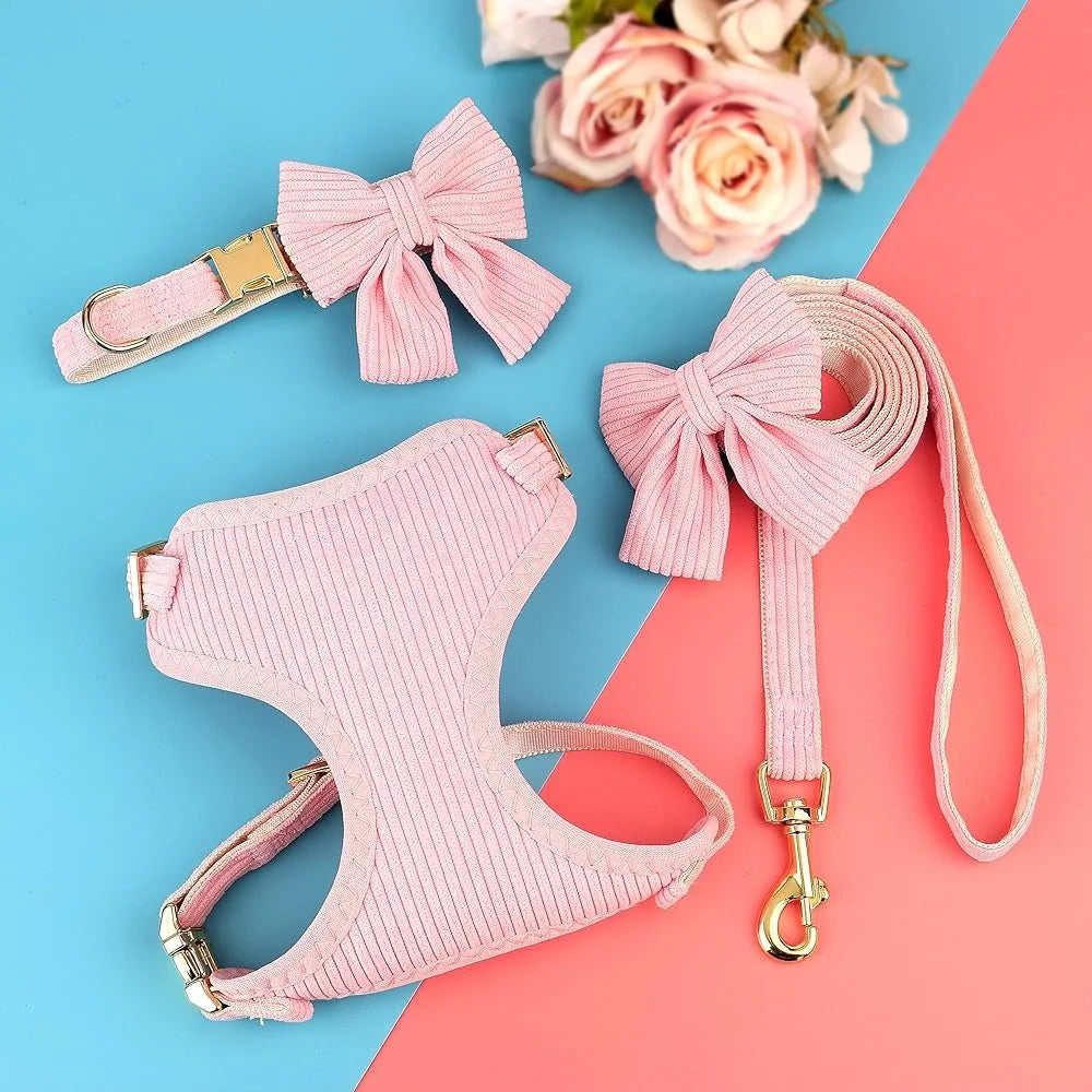 Cute Adjustable Dog Vest Harness Collar Leash Set- Soft Mesh Breathable Comfort Bowtie - size S