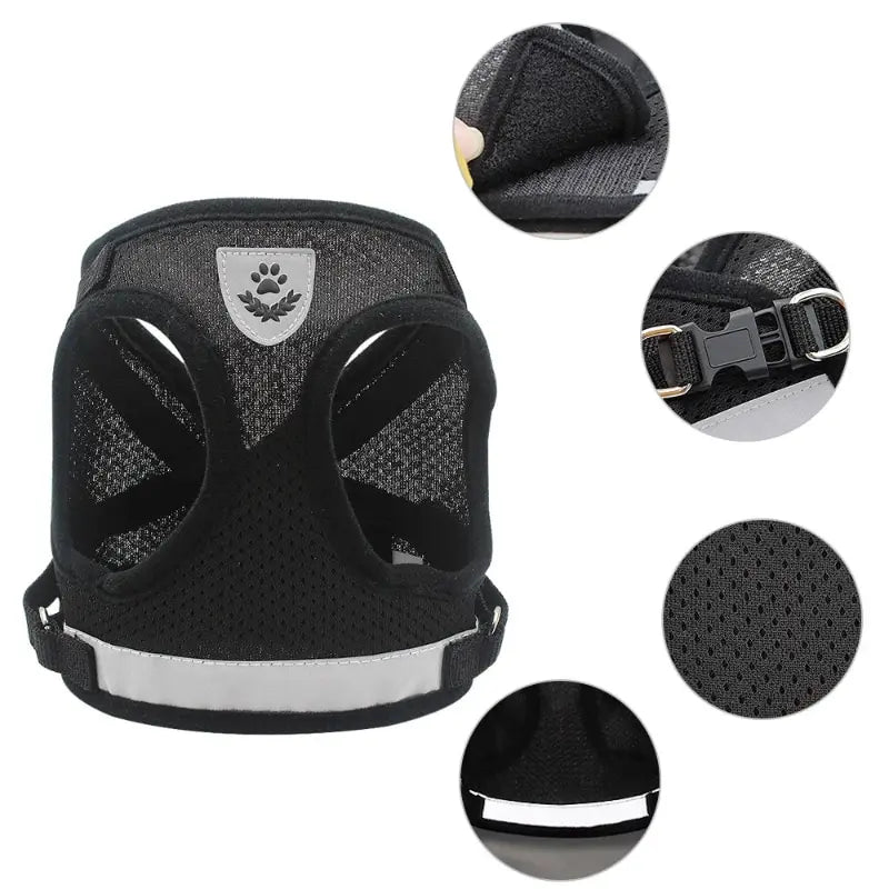 Black Undershirt Harnesses/Leash- Mesh- Breathable- Adjustable- Easy Control- Reflective- Sizes XS to XL-Collars/Leashes