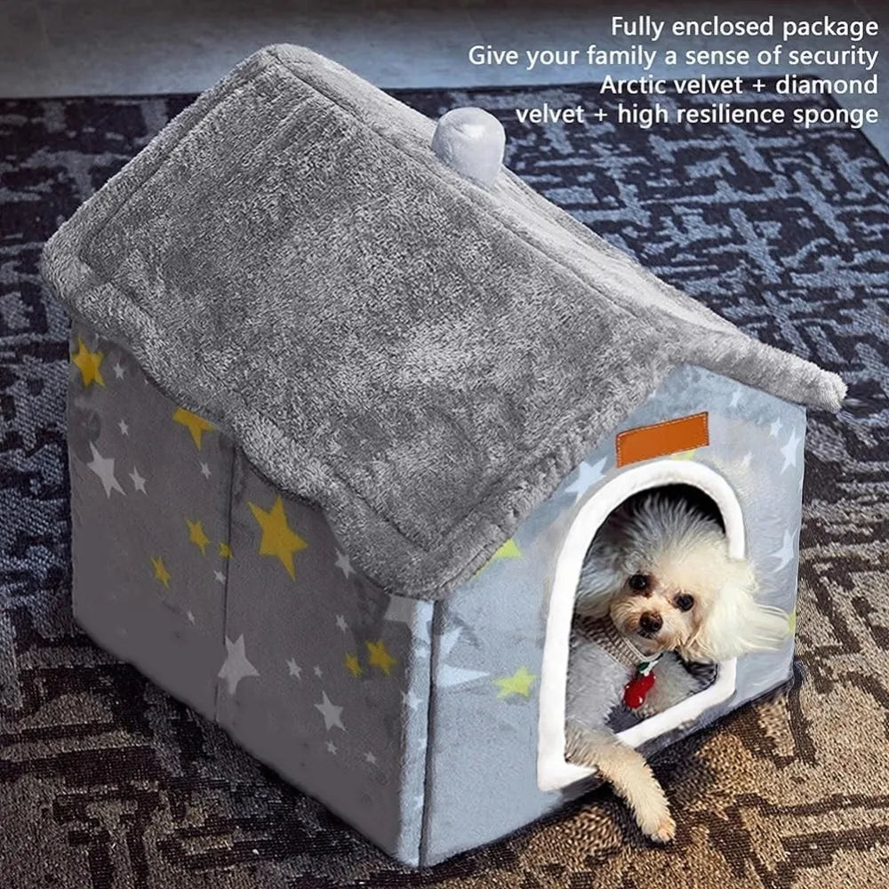 Dog House Bed- Indoor- Memory Sponge- Foldable Dog House Kennel Bed Mat with Cushion for Small Medium Large Dogs-Winter Warm Cat