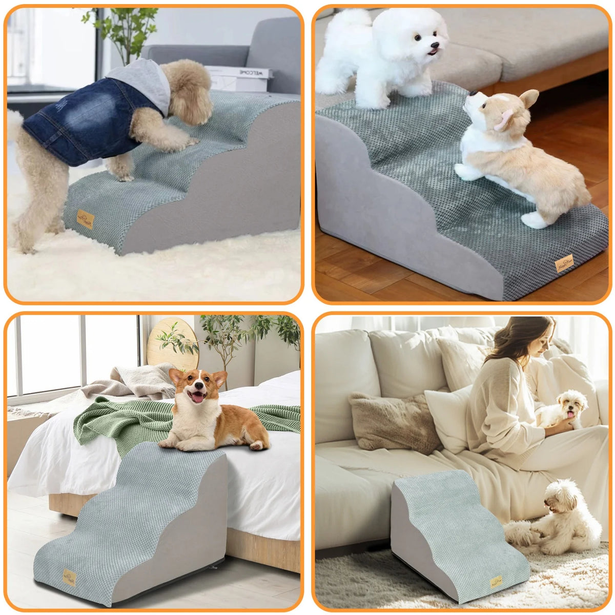 3/4/5 Steps Dog Stairs-Curved  Steps-Ramp with Removable Cover- for Sofa- Bed- Chair- High-Density Sponge Foam-Pet Stairs