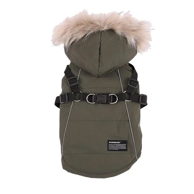 Autumn Winter Warm Pet Dog Jacket With Harness/ Hoodie- Dog Padded Coat with Imitation Fur Hat -For Small Medium Dogs Puppy Coat