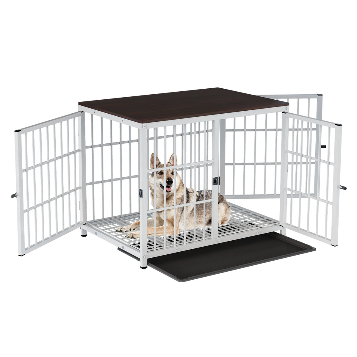 Wooden Dog Crate Furniture w/Metal Frame- Indoor Dog Kennel End Table- Stylish-3 Doors- Removable Tray-Crates