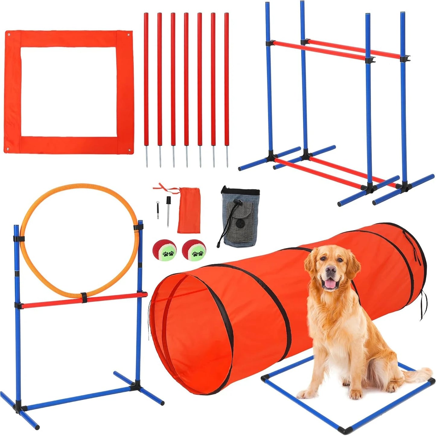 87 Pcs Adjustable Dog Agility Training Equipment Set -Obstacle Course Kit with 70" Tunnel- Tire Jump- Hurdle Jump- Weave Poles for Outdoor Game