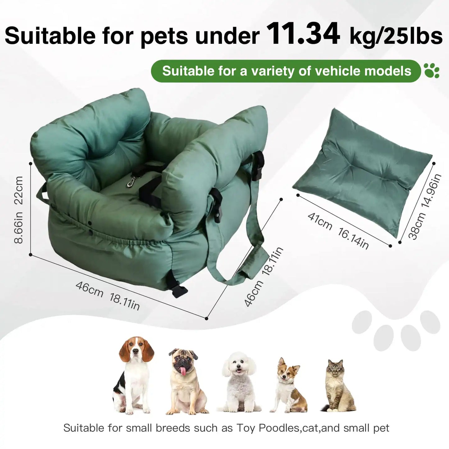 2-in-1 Dog Car Seat/ Carrier Bag - Detachable with Handles and Safety Belt- Travel Dog Booster Seat for Small Medium Dogs Cats