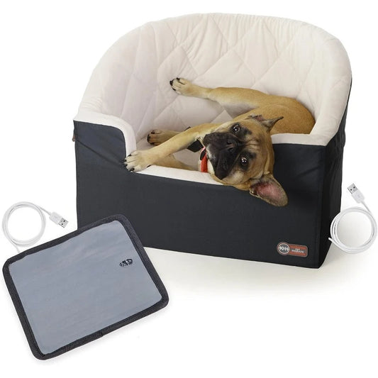 Removable Heated Bucket Booster Dog Car Seat with Safety Leashes-Washable-Sturdy for Small, Medium Dogs - Charcoal/Cream