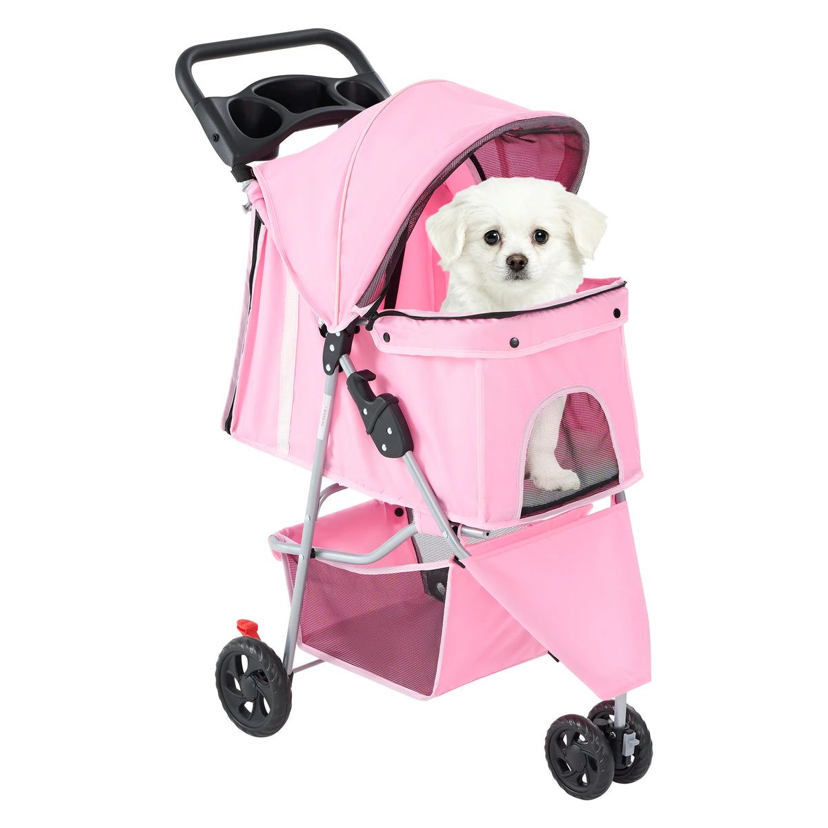 JHK 3 Wheels Foldable Pet Stroller-Mesh Windows- Storage Basket- Cup Holder-Pet Strollers