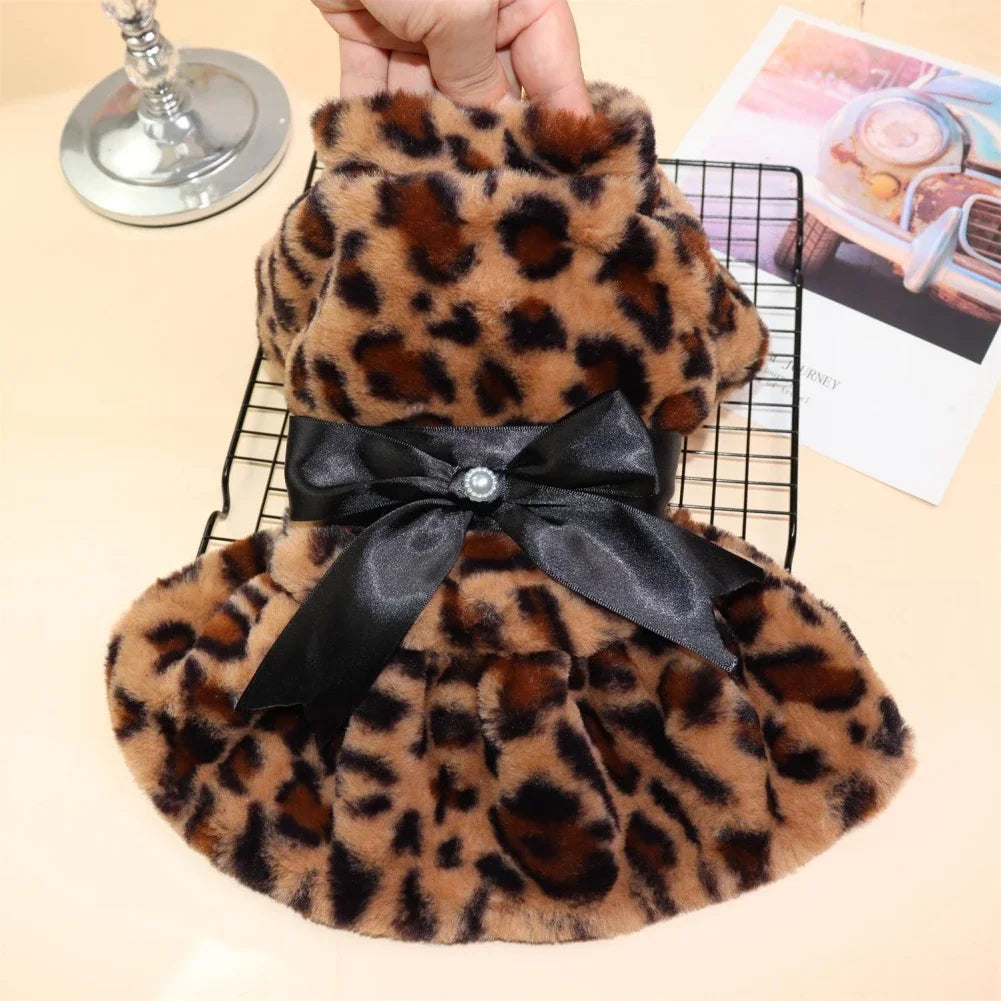 Winter Warm Dog Fashion Color Skirt- Fleece- Warm Rainbow Candy Color- Cute Plush Skirt Leopard Print with Bow-Costumes/Apparel