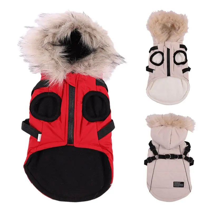 Autumn Winter Warm Pet Dog Jacket With Harness/ Hoodie- Dog Padded Coat with Imitation Fur Hat -For Small Medium Dogs Puppy Coat