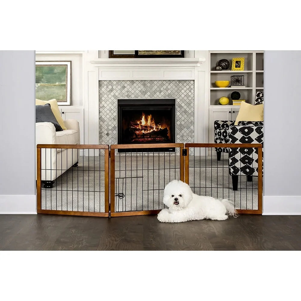 3 Panel Wooden Pet Gate- Freestanding Dog Barrier with Small Door -Adjustable- Expandable Indoor Use- Easy Setup Child Safety