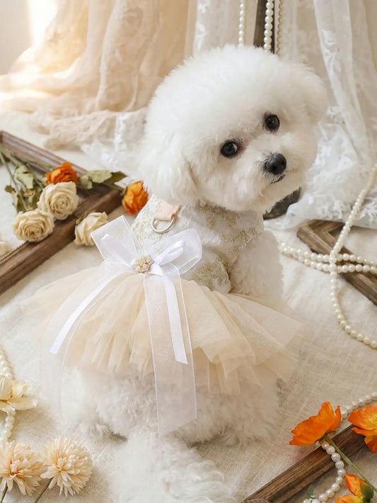 Beautiful 1Pc Luxury Pet Princess Wedding Dress- Thin Spring Summer Outfit- Gold Floral Embroidery- Pearl Bow Decor- Built-in D-ring For Traction-Sizes XS-XL-Costume/Apparel
