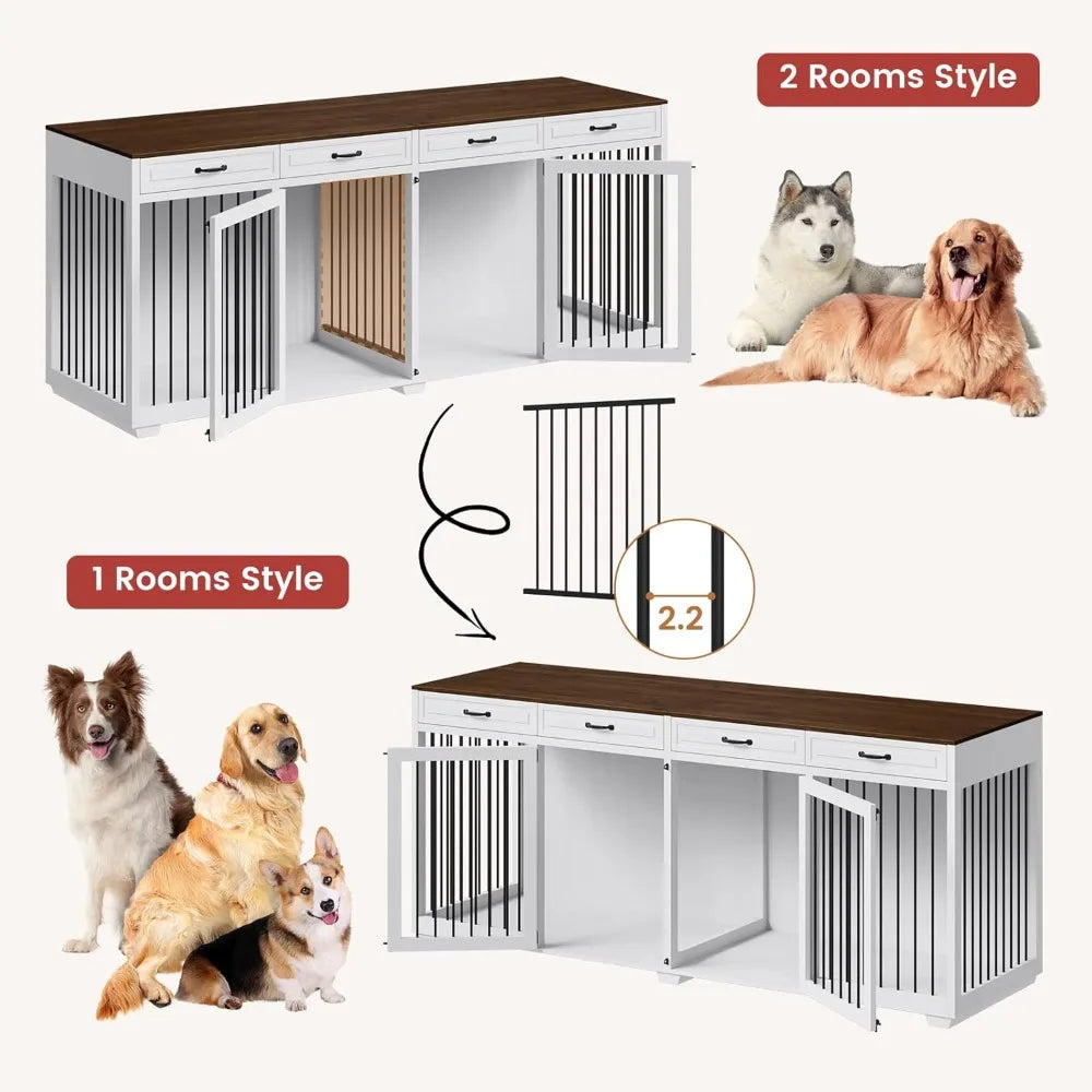 Extra Large Furniture Style Dog Crate- 93" Heavy Duty Wooden Dog Kennel with Drawers & Removable Divider-Indoor Luxury