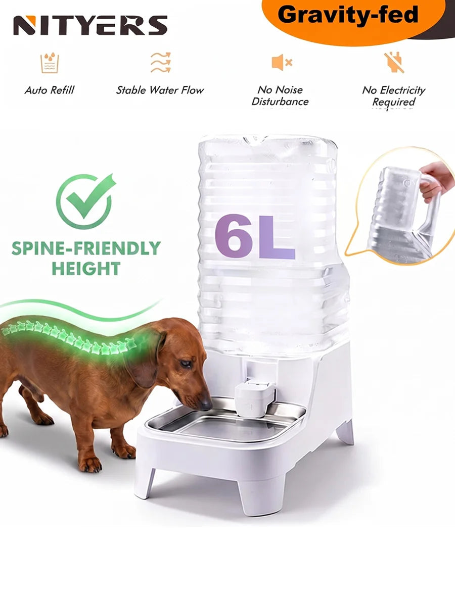 NITYERS 6L Gravity Pet Water Dispenser- Large Capacity -Automatic Dog Water Bowl-Elevated-No Electricity- Stainless Steel Tray-Pet Bowls/Feeding
