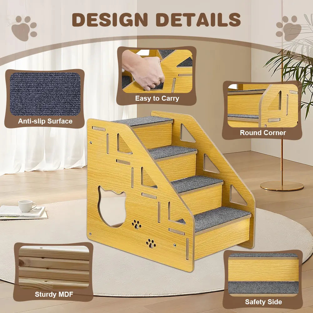 4-Step Wooden Pet Stairs- Nonslip Carpeted Indoor Pet Steps