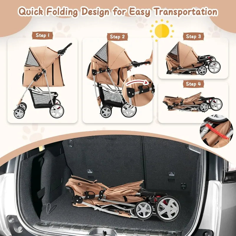 4 Wheels Dog Stroller, Foldable Pet Stroller for Small/Medium Dogs Cats, Cat Carrier with Storage Basket and Cup Holder, Pet Car