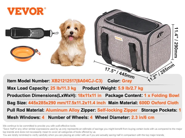 Airline Pet Carrier Stroller- Breathable Outgoing Dog Carry Backpack with Telescopic Handle Wheels and Shoulder Strap for Travel Trip