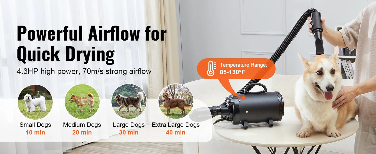 Dog Blow dryer- 2000W/2.7HP- Adjustable Speed Temperature Control with 4 Nozzle- Extendable Hose- Pet Grooming