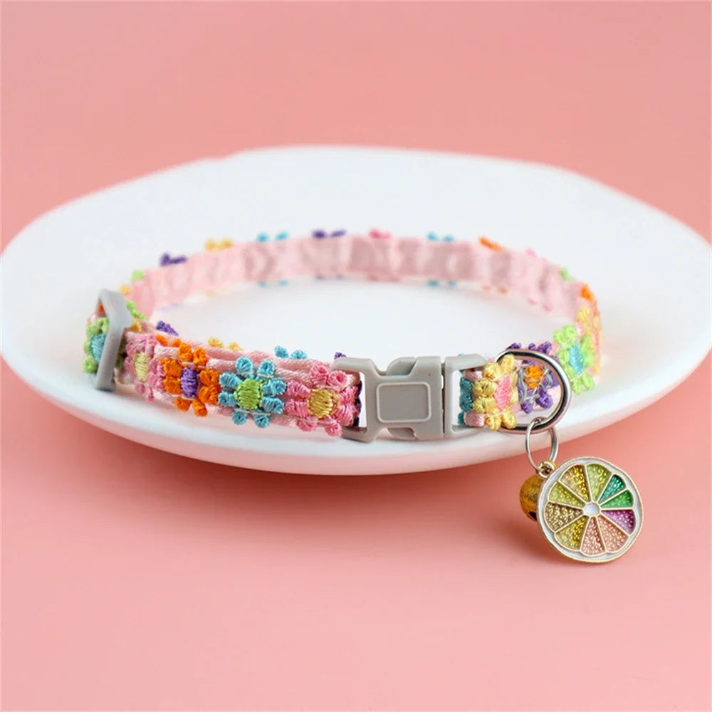 Fashion Rainbow Flower Collar With Bell- Kitten/ Puppy Necklace- Adjustable Buckle- Colorful Lace-Small dogs-Collars/Leashes