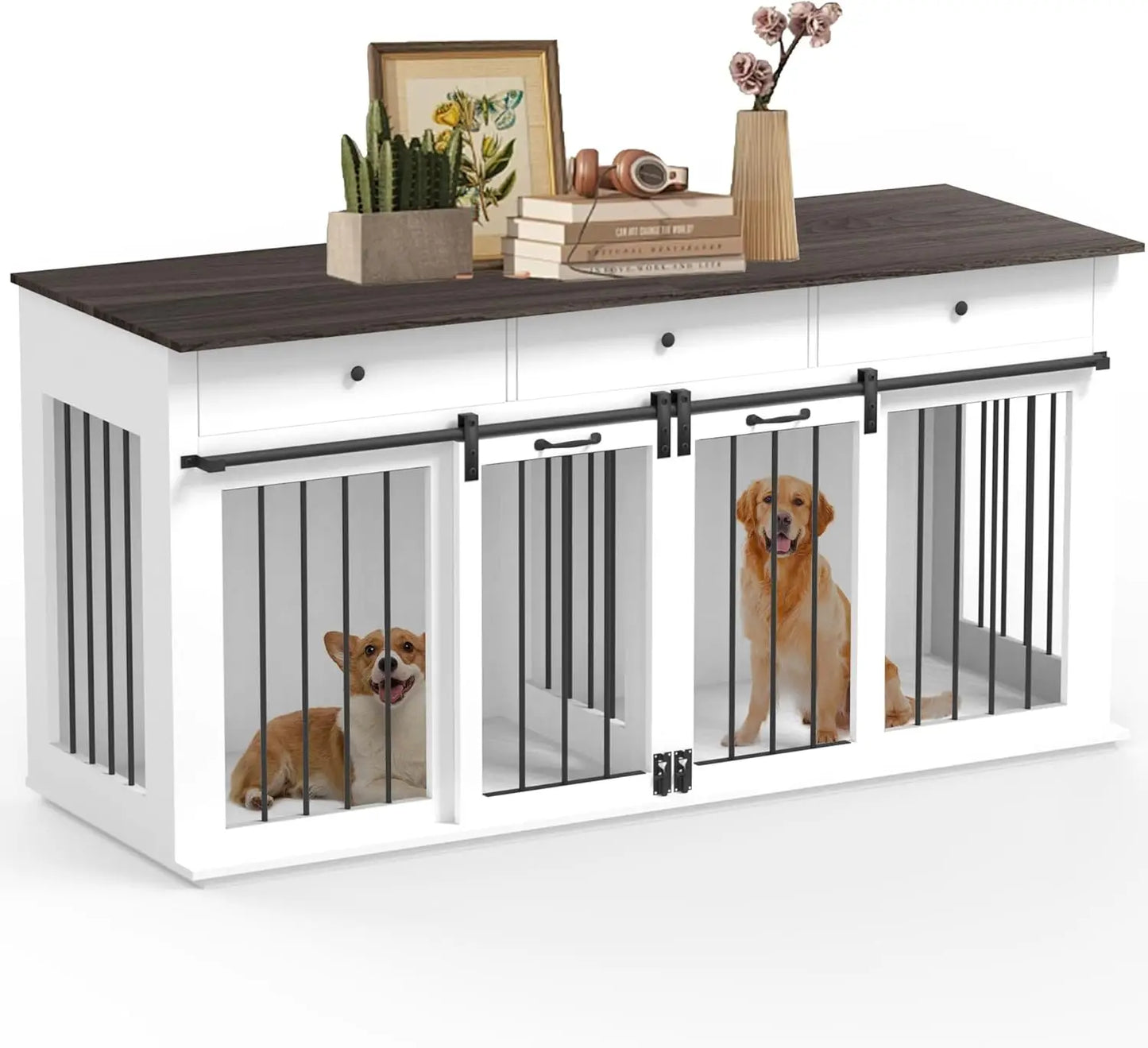 Dog Crate Furniture with Divider- Dog Crate for Small to Large Dogs- Large Indoor Dog Kennel Furniture with Double Doors-3 Drawers