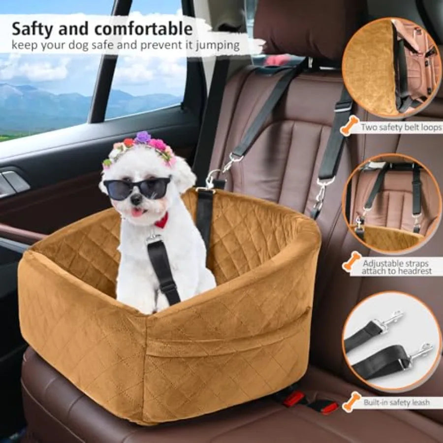 Dog Brown Car Seat- for Small Medium Dogs- Detachable- Washable-Booster Seat- Under 30lbs-Storage Pock-Pet Car Seat
