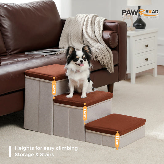 3-Tier Dog Stairs Foldable Pet Stair with Storage Box- Adjustable Height Dog Steps for Small Old Dog Cat Non-Slip Pet Ramp Indoor