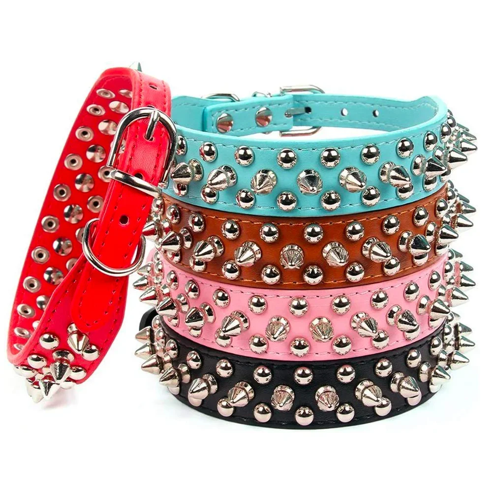 Adjustable Spiked Leather Dog Collar- PU Leather Punk Rivet Spiked Dog Collar for XXS to XL Dogs-Collars/Leashes